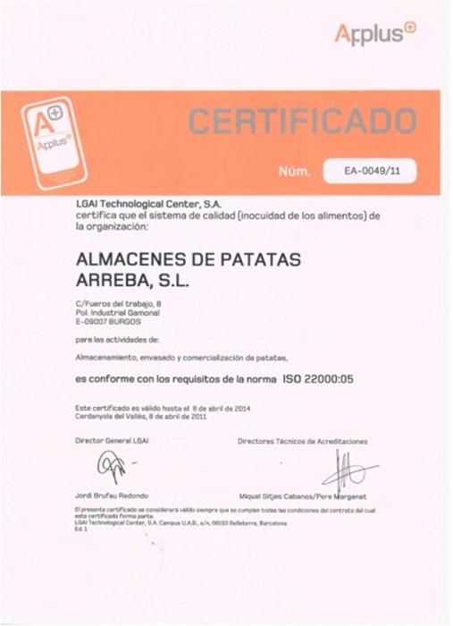 Almacenes de Patatas Arreba, S.L. - Certificados ISO